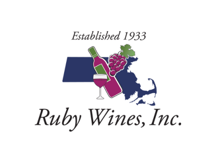 Logo of Ruby Wines, Inc. featuring a wine bottle, glass, grapes over a map silhouette, with 