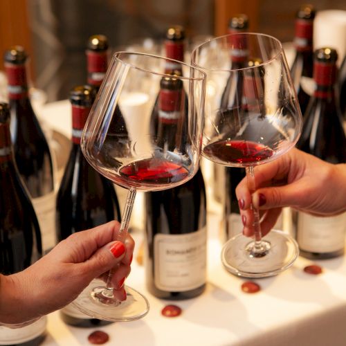 Two people clinking wine glasses in front of a table with multiple wine bottles.