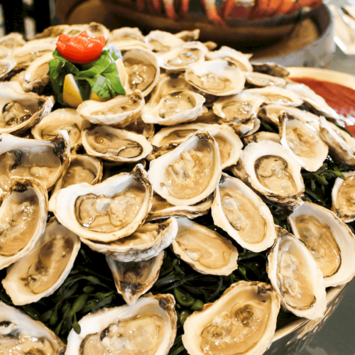 A platter filled with oysters on ice, garnished with greens and a small tomato on top.