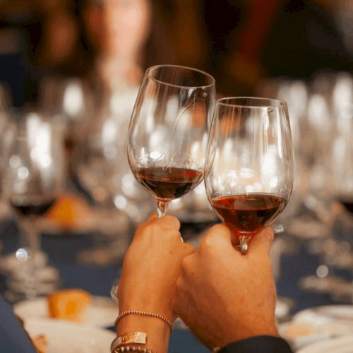 Two people are toasting with wine glasses at a dinner or event, surrounded by a blurred background of more glasses and plates.