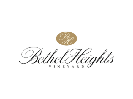 The image shows the Bethel Heights Vineyard logo with an elegant script and a gold oval monogram above the name.