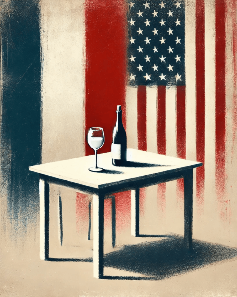 A table with a wine bottle and glass in front of blended French and American flag colors.