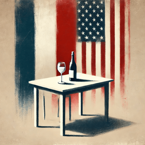 A table with a wine bottle and glass in front of blended French and American flag colors.