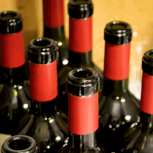 The image shows several wine bottles with red caps and necks, arranged closely together.