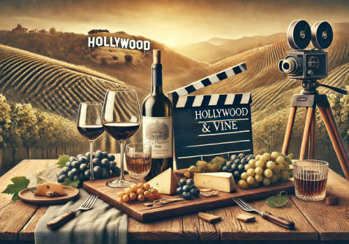 A vineyard with wine glasses, a bottle, cheese, grapes, and a vintage camera. A clapperboard reads 