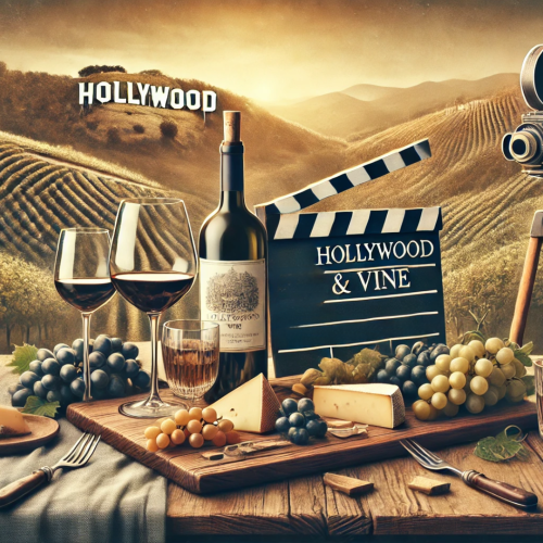 A vineyard with wine glasses, a bottle, cheese, grapes, and a vintage camera. A clapperboard reads 