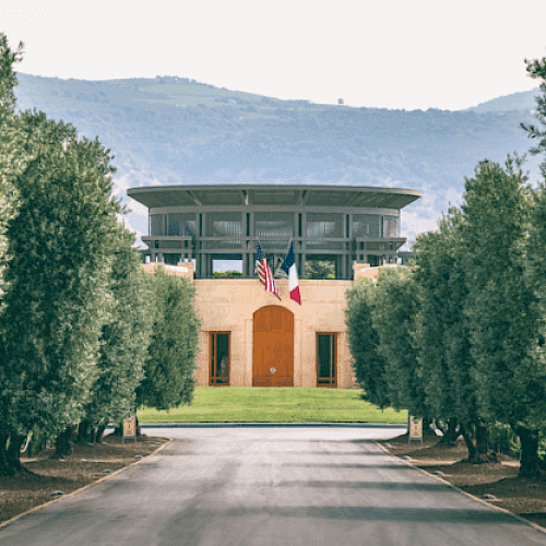 A modern building with U.S. and French flags, flanked by trees, set against a backdrop of green hills.