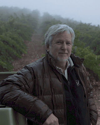 A man in a jacket stands near a vehicle in a foggy vineyard setting.