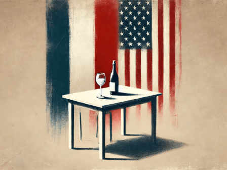 The image shows a table with a wine bottle and glass, against a backdrop of the French and American flags.