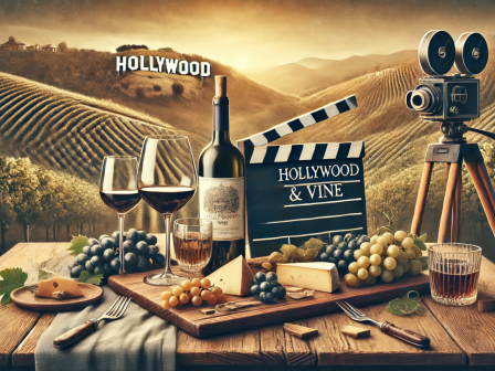 A wine and cheese setup on a table with a cinematic theme, featuring a clapperboard, old camera, and a Hollywood-style backdrop.