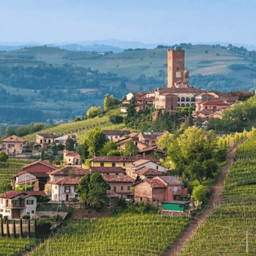 A picturesque hillside village surrounded by lush vineyards, with a prominent, tall tower and rolling green hills in the background.