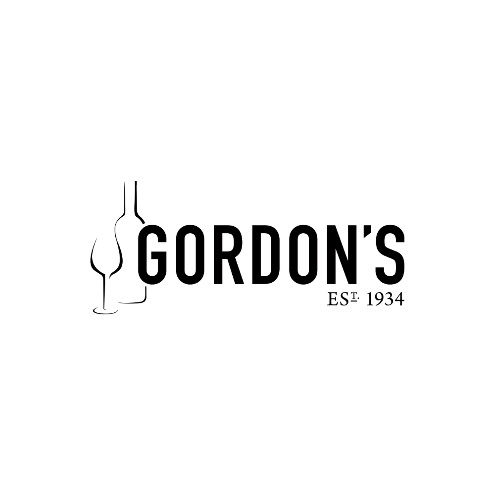 Gordon’s logo with a bottle silhouette and two wine glasses, “EST. 1934,” in black text on a white background.